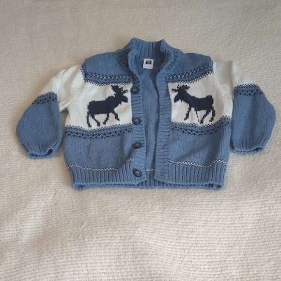 JANIE AND JACK BLUE AND WHITE BUTTON FRONT CARDIGAN MOOSE MOTIF COTTON 18-24MO - Picture 2 of 7